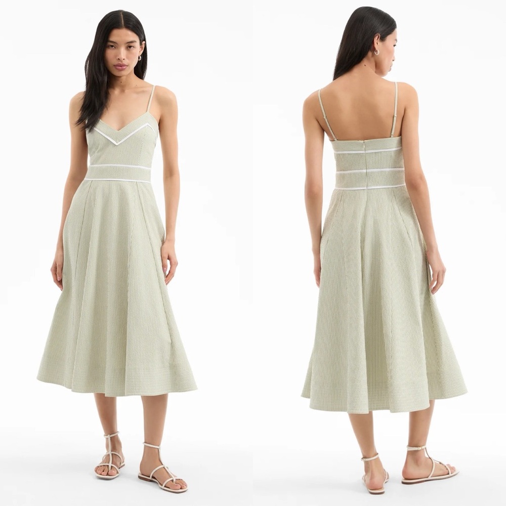 Veronica Beard Janis Midi Dress Green and White Stripe V-Neck A-Line Dress NWT 6